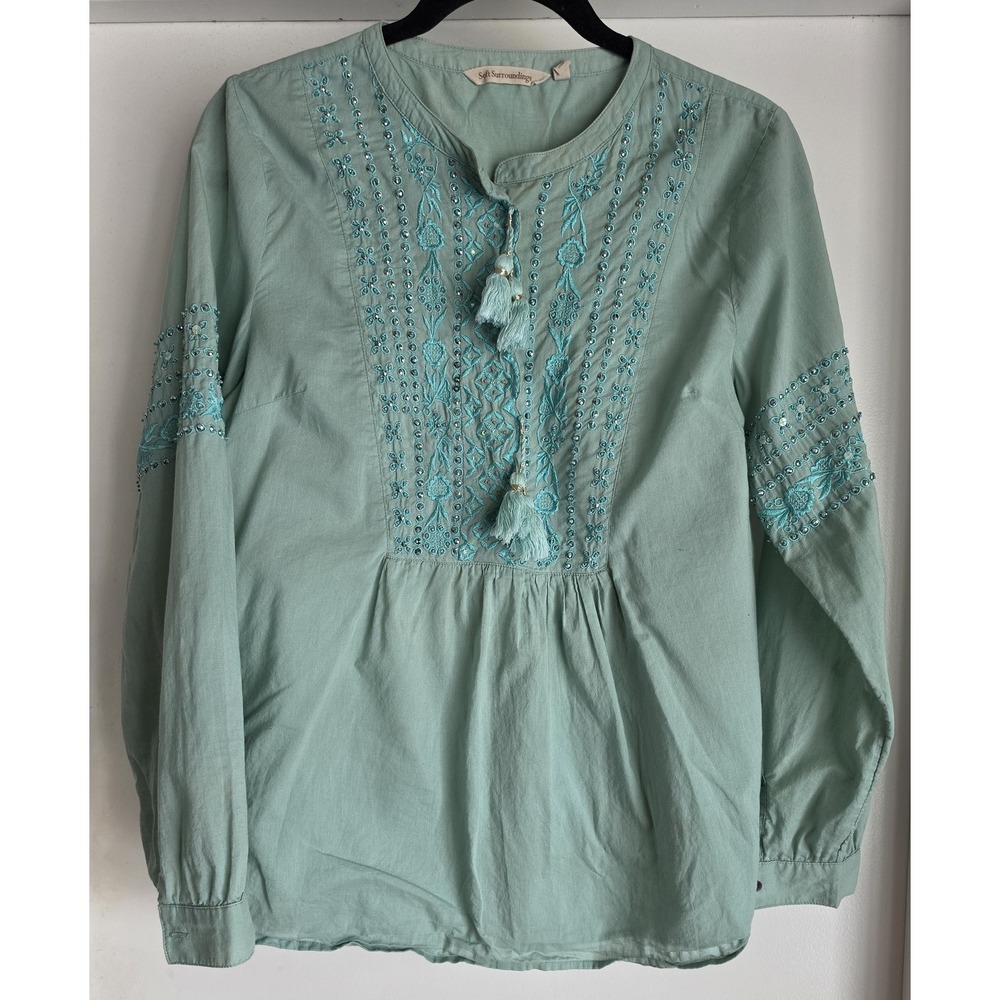 Soft Surroundings Blouse M Green Embroidered Cotton Boho Tunic Top